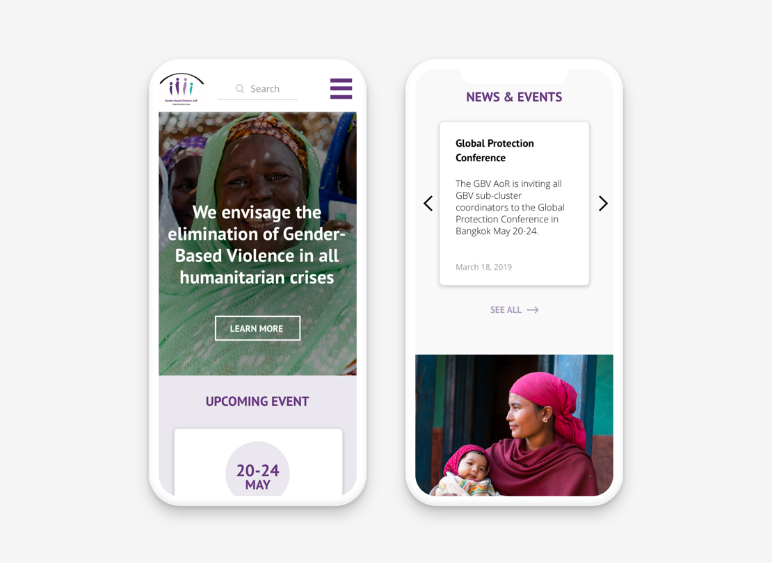 Gender-Based Violence Area of Responsibility website displayed on mobile version
